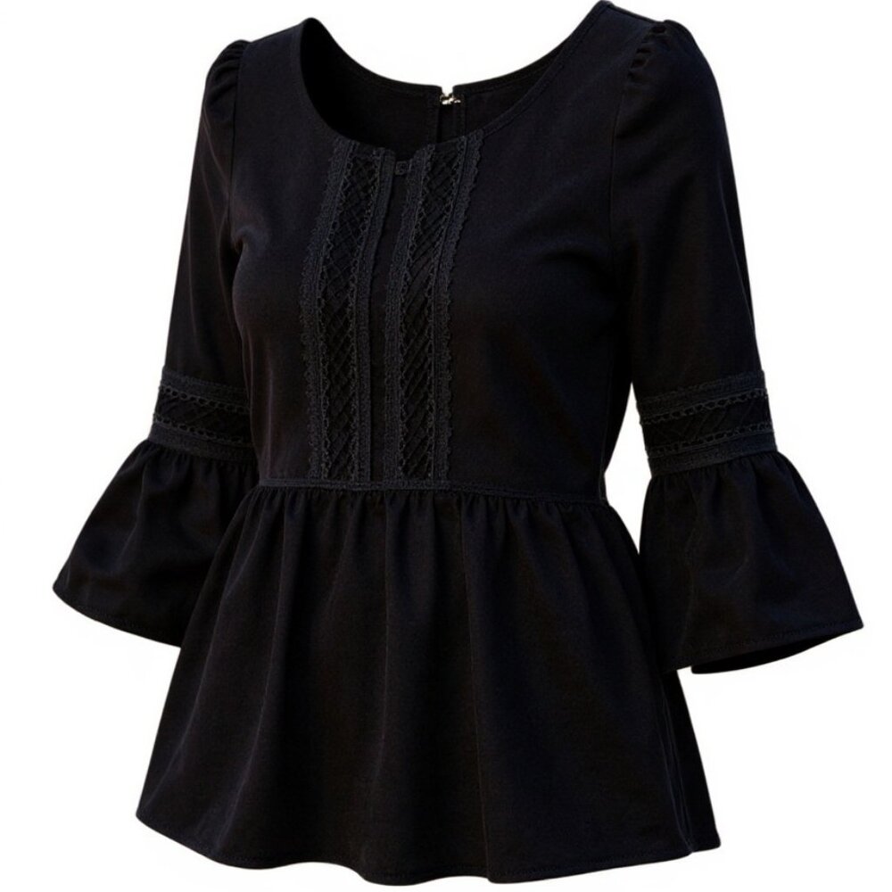 $10 SALE Women's Black Embroidered Accents Scoop Neck Flutter-Sleeved Blouse
